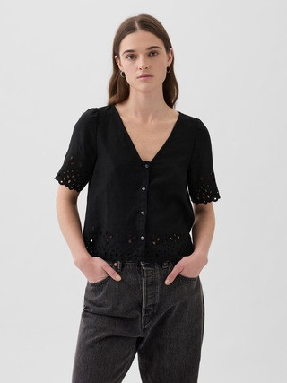 Linen-Blend Cropped Eyelet Shirt | Gap (US)