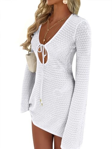 ANRABESS Women’s Crochet Swimsuit Cover Up, V Neck Mesh Knit Beach Dress, Long Sleeve Summer Vacation Beachwear White X-Large | Amazon (US)