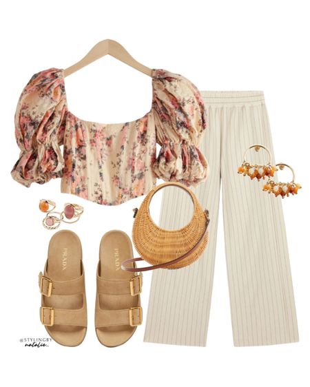 Floral print corset crop top, pin stripe linen trousers, straw bag, Prada sandals & earrings. 
Spring/Summer outfit, holiday outfit.

#LTKFestival #LTKparties #LTKstyletip