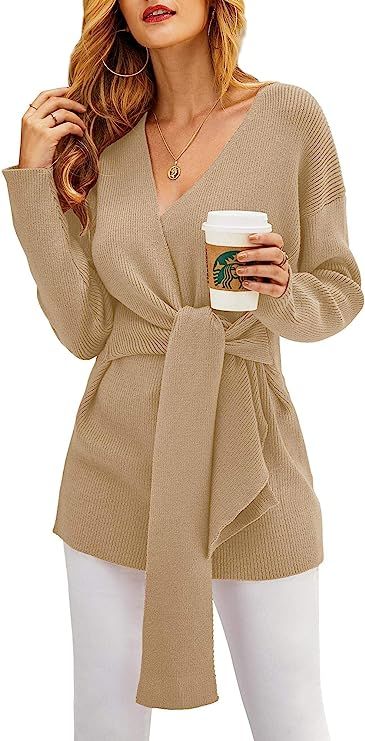 Lovaru Womens Sexy V Neck Sweater Dresses Wrap Long Sleeve Tie Front Ribbed Pullover Knit Jumper ... | Amazon (US)