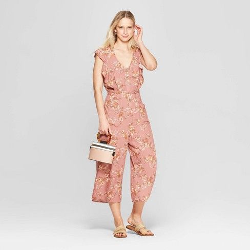 Women's Floral Print Short Sleeve V-Neck Button Tie Front Jumpsuit - Xhilaration™ | Target