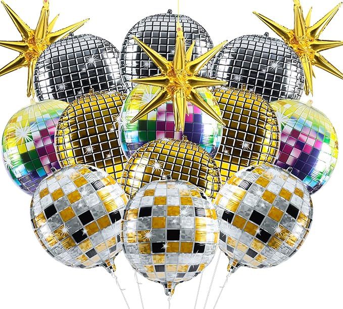 15 Packs Multicolor Disco Ball & Star Foil Balloons 22 Inch, 4D Big Disco Balloons Party Supplies... | Amazon (US)
