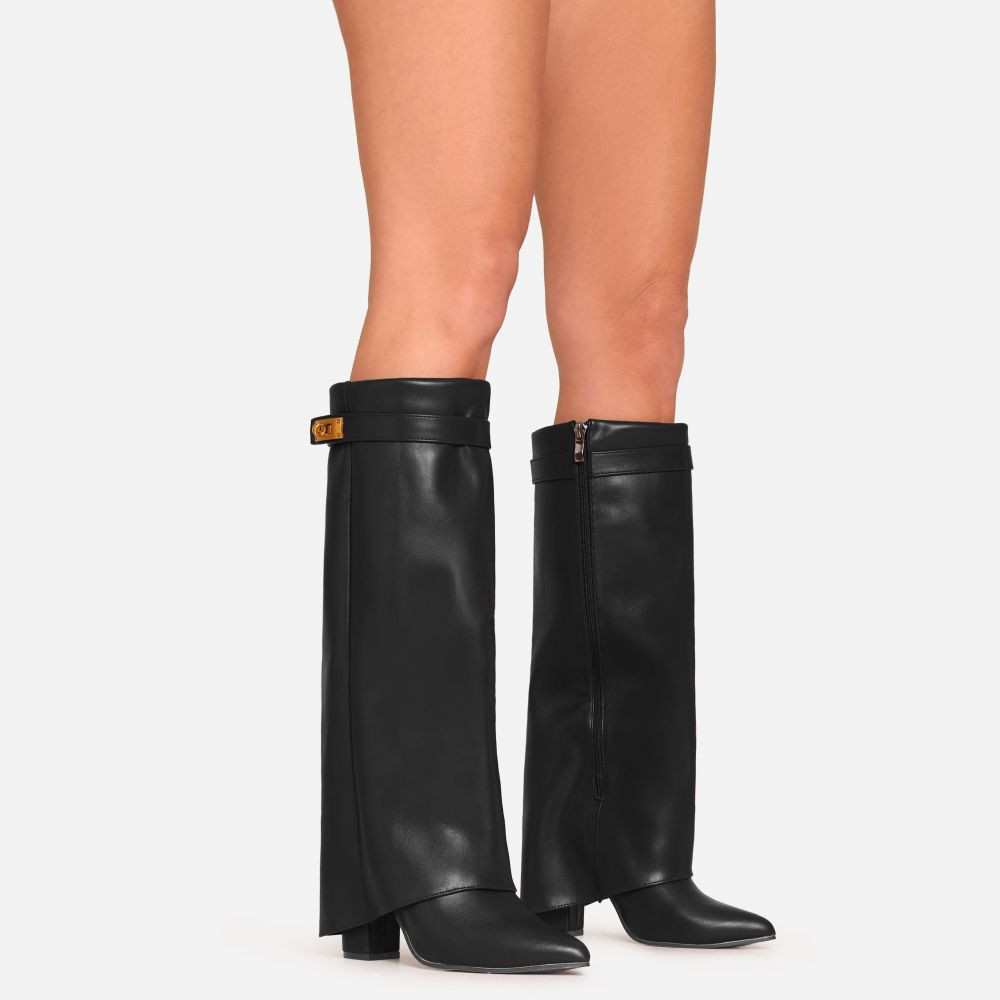 Ava Lock Detail Pointed Toe Knee High Block Heel Boot In Black Faux Leather | EGO (UK)