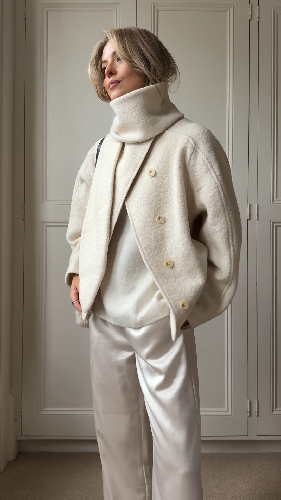 Winter whites outfit for Christmas 🤍

Scarf coat, boiled wool coat, satin trousers, ballet flats, cream knit, arket, short sleeve knit, knitted t shirt, ecru dressing, ivory, tonal outfit, winter layering, cape coat, shearling bag, fluffy bag, cow print bag

#LTKuk #LTKwinter #LTKfestive