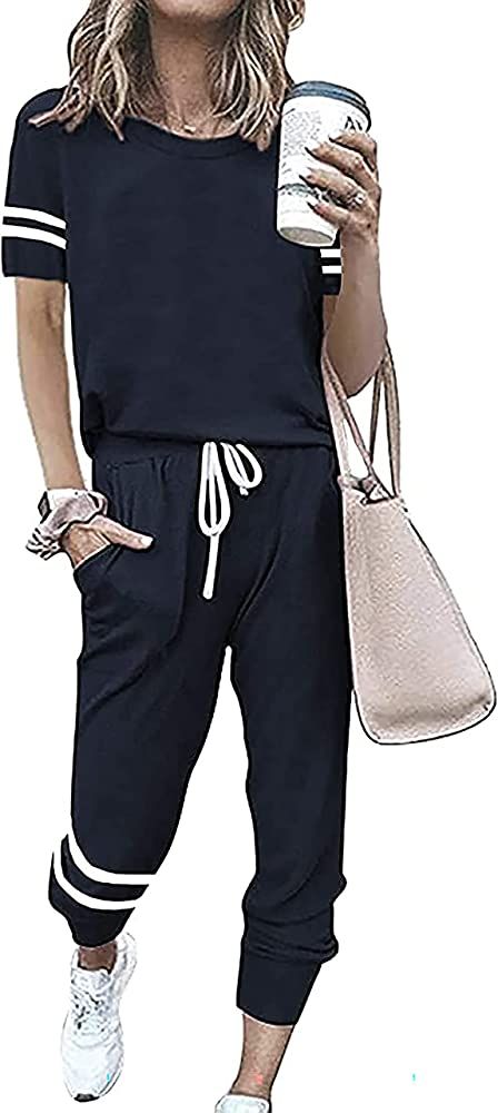 PRETTYGARDEN Women’s Two Piece Outfits Striped Short Sleeve Pullover and Long Pants Tracksuit P... | Amazon (US)