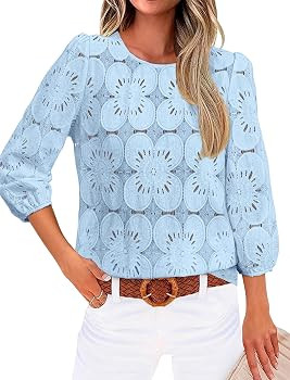 Sampeel Women Blouses Dressy Casual 3/4 Length Sleeve Tops Eyelet Lace Spring Summer Shirts Beach... | Amazon (US)