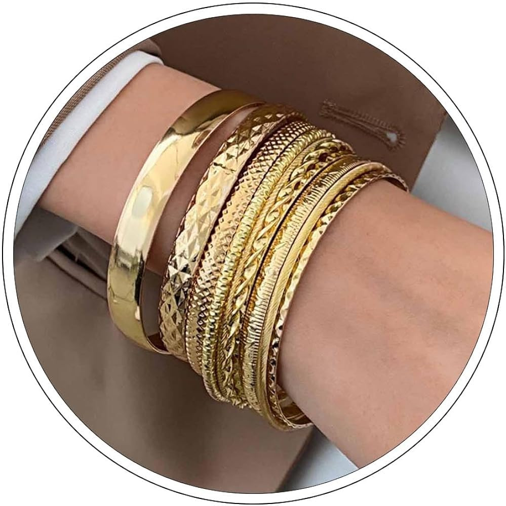 Zeshimb Gold Bangle Bracelet Set for Women Multi Stacking Wide Bangles Indian Bollywood Chunky Ba... | Amazon (US)