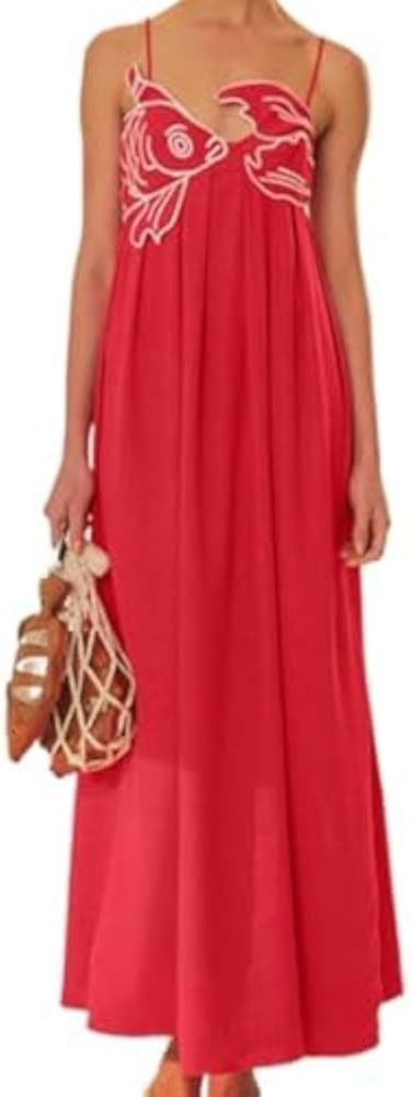 Koi Fish Spaghetti Strap Maxi Dress Flowy Cami Dress Vacation Y2k Women Red Summer Long Dresses | Amazon (US)