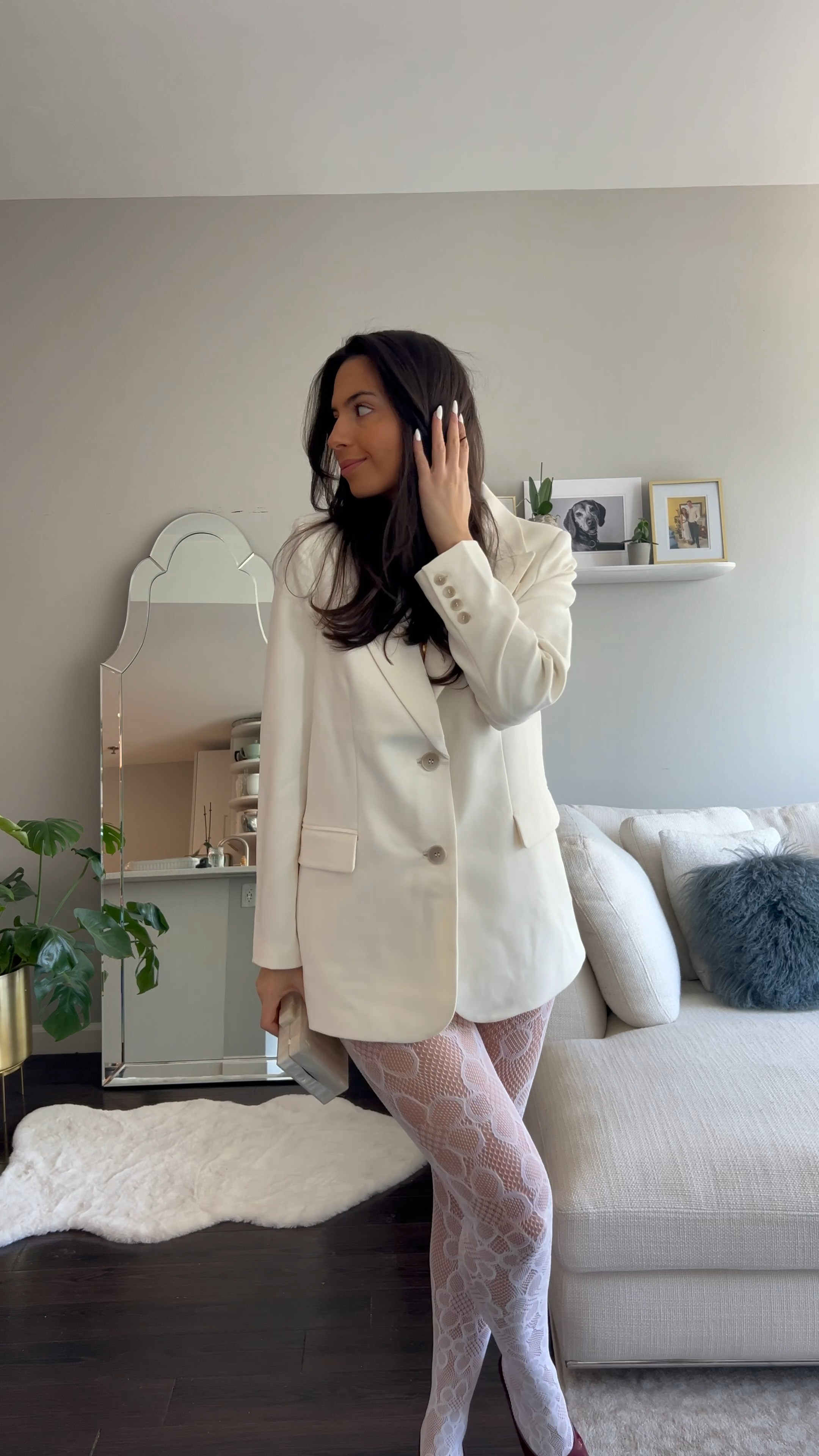 Neutral Valentine’s Day outfit idea, white oversized blazer, white lace tights, date night outfit, pop of red, Valentine’s Day outfit inspiration 

#LTKSaleAlert