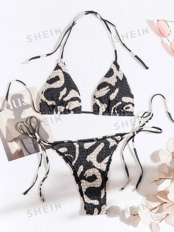 SHEIN Swim Summer Beach Random Printed Padded Split Swimsuit Set | SHEIN