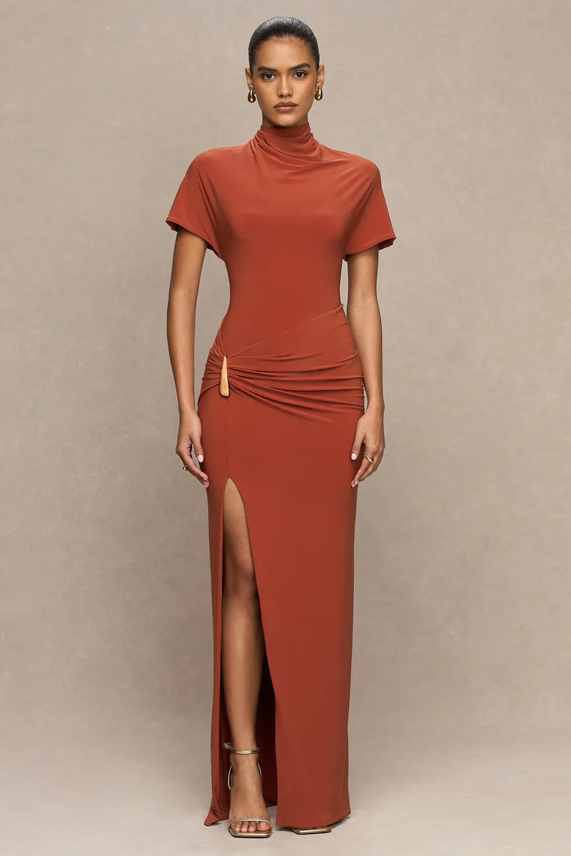 Arlena | Red High-Neck Wrapped Maxi Dress | Club L London