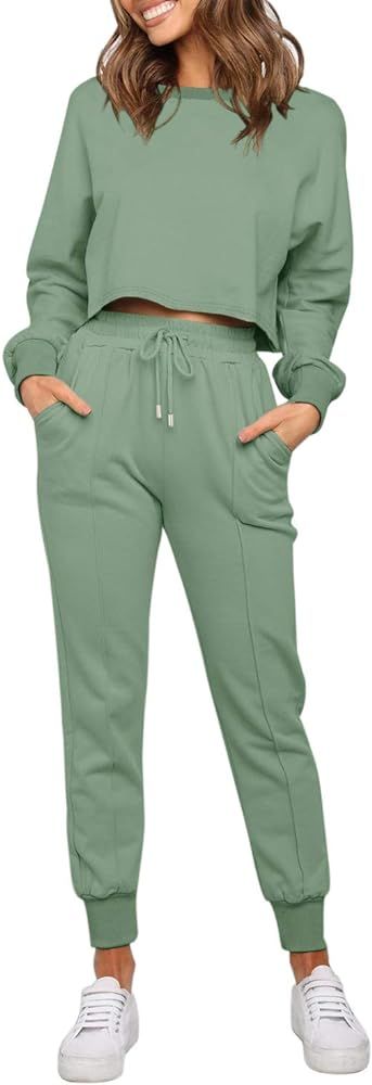 Women's Long Sleeve Crop Top and Pants Pajama Sets 2 Piece Jogger Long Sleepwear Loungewear Pjs S... | Amazon (US)