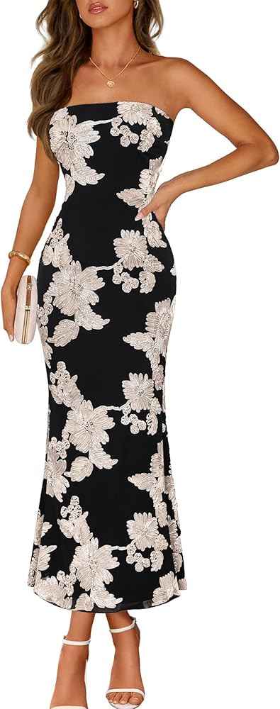 MEROKEETY Women's Floral Strapless Maxi Dress 2026 Summer Mesh Tube Bodycon Formal Wedding Guest ... | Amazon (US)