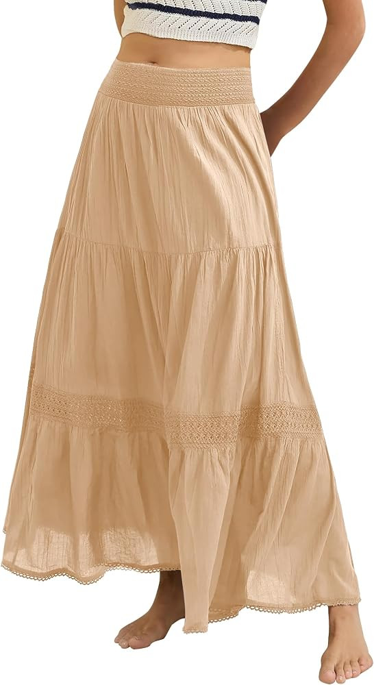 Locachy Women's Boho Tiered Elastic Waist A-Line Maxi Skirts Casual Lace Flowy Pleated Midi Dress | Amazon (US)