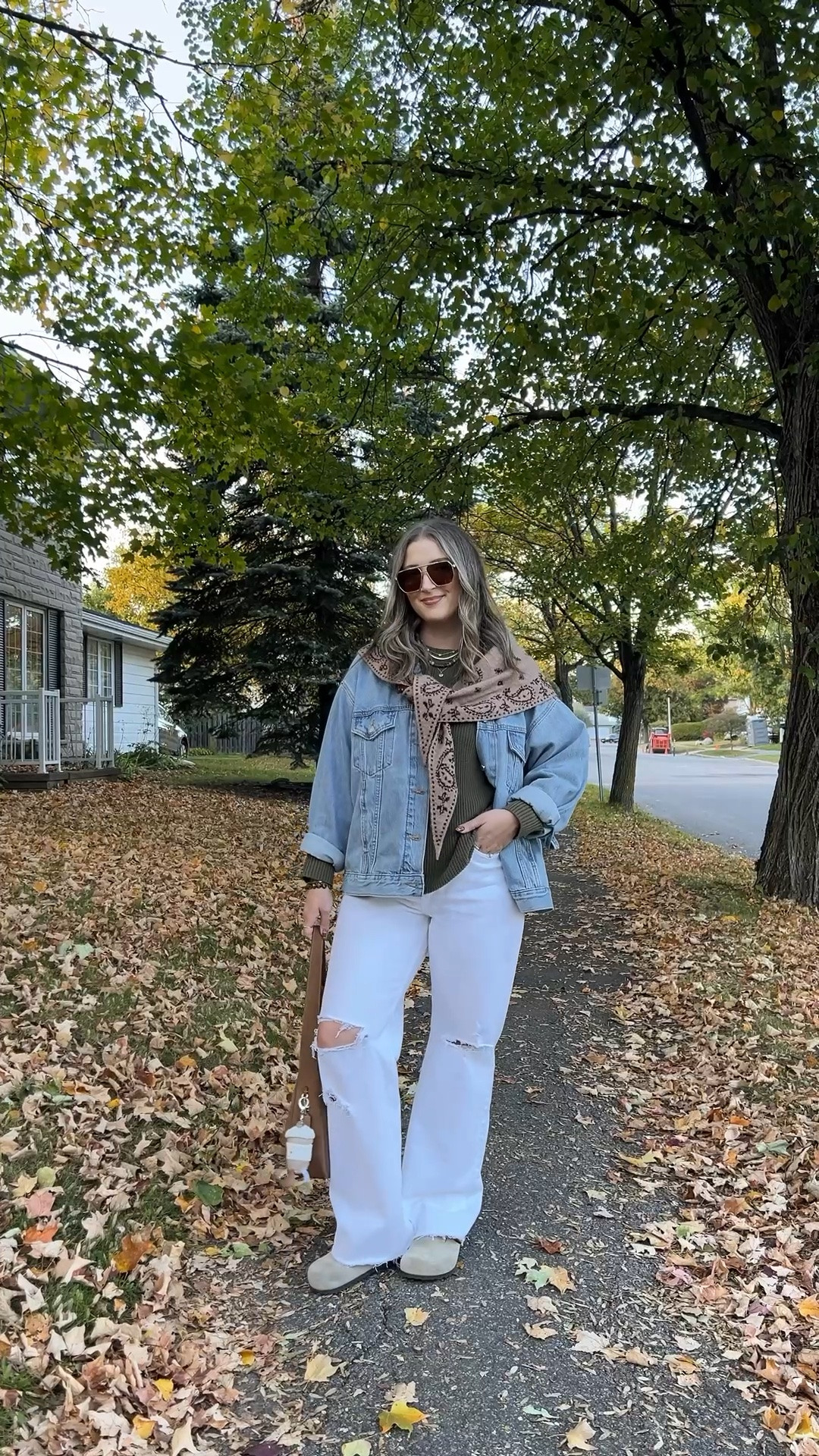 Casual fall outfit! Wearing size 30 in the white jeans. Wearing size L in the olive green sweater (Canadian link under “similar products”). Sized up to XL in the denim jacket for an oversized fit. I’m a 9.5-10 shoe and wear a 40 in the Birkenstocks. Scarf is low stock so I linked a bunch similar