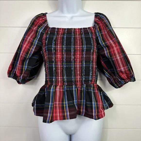 Draper James RSVP Tartan Plaid Smocked Puff Sleeve Peplum Top sz S | Poshmark