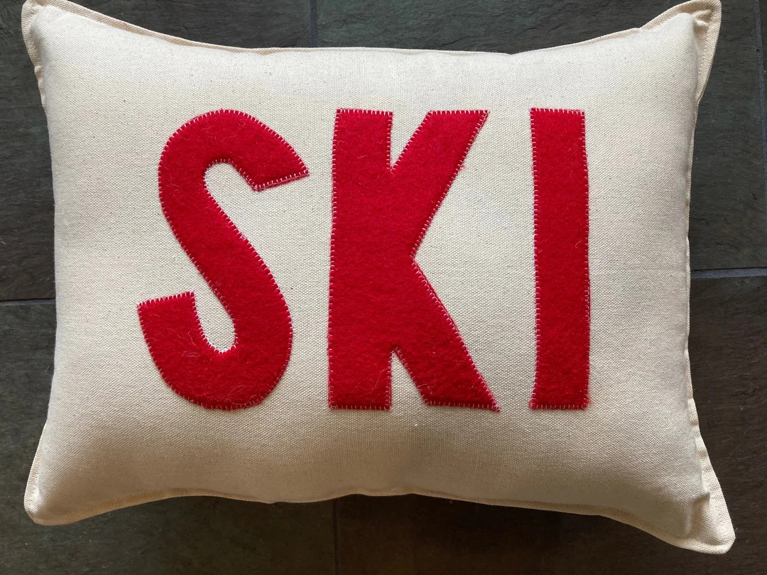 Ski chalet alpine pillow about 12"X 16" with red felt and natural fabric skiing | Etsy (US)