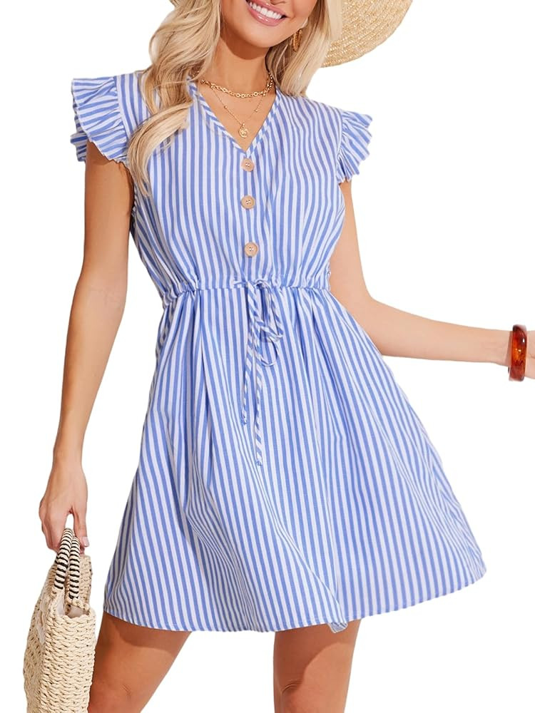 CUPSHE Women's Stripes Mini Dress Tie Waist Ruffle Flutter Cap Sleeve V Neck Smocked Short Dress | Amazon (US)