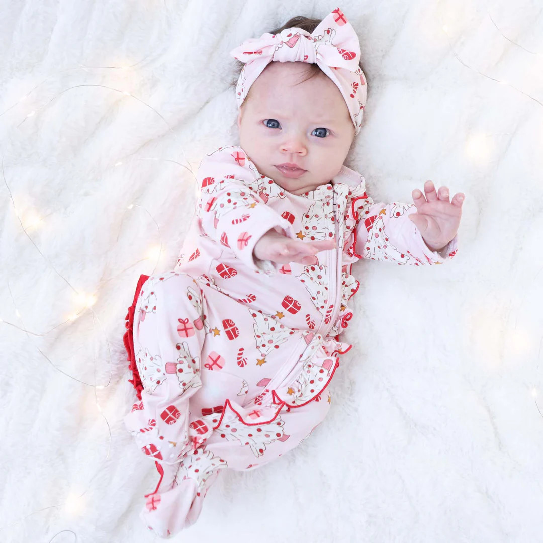 Very Merry Ruffle Zipper Footie | Pink | Caden Lane