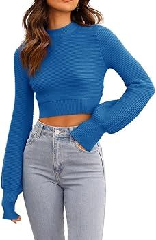 GeGekoko Womens Sexy Crew Neck Cropped Sweaters Ribbed Knit Long Sleeve Crop Tops Pullover | Amazon (US)