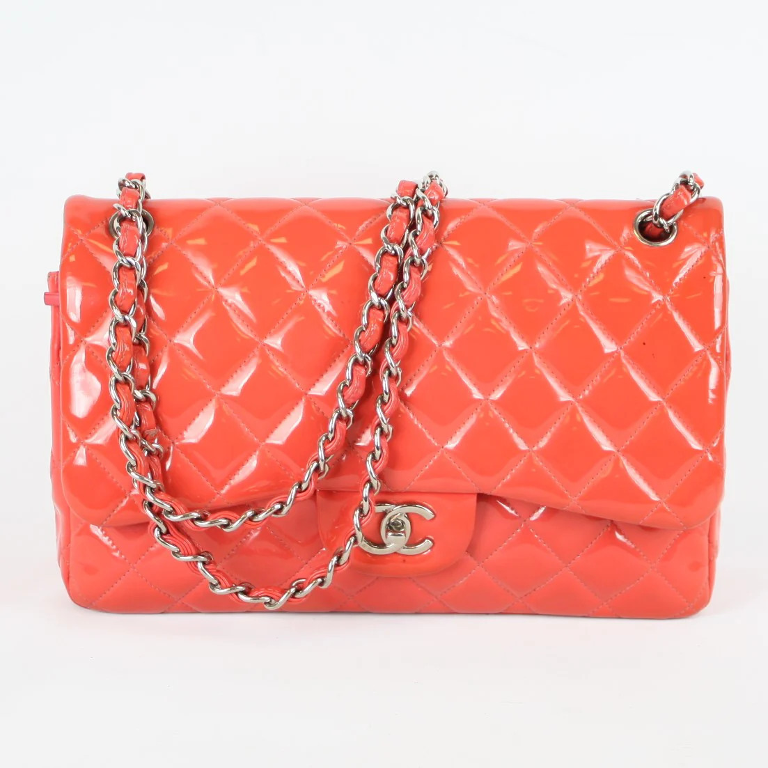 Classic Patent Leather Jumbo Double Flap in Coral | Keeks Designer Handbags