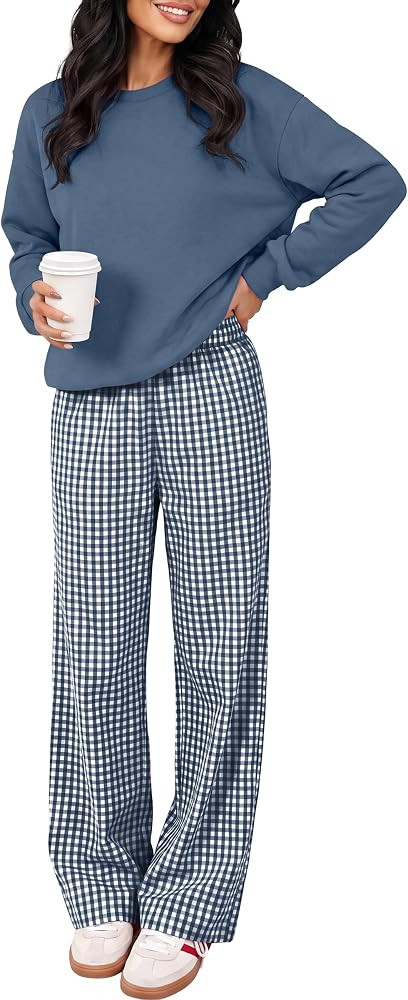 ANRABESS Two Piece Sets for Women Gingham Pants Lounge Set | Amazon (US)