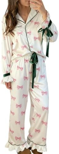 Muineobuka Christmas Pajamas for Women Silk Satin Plaid Shirt and Ruffle Pants Pjs Set Santa Bow ... | Amazon (US)