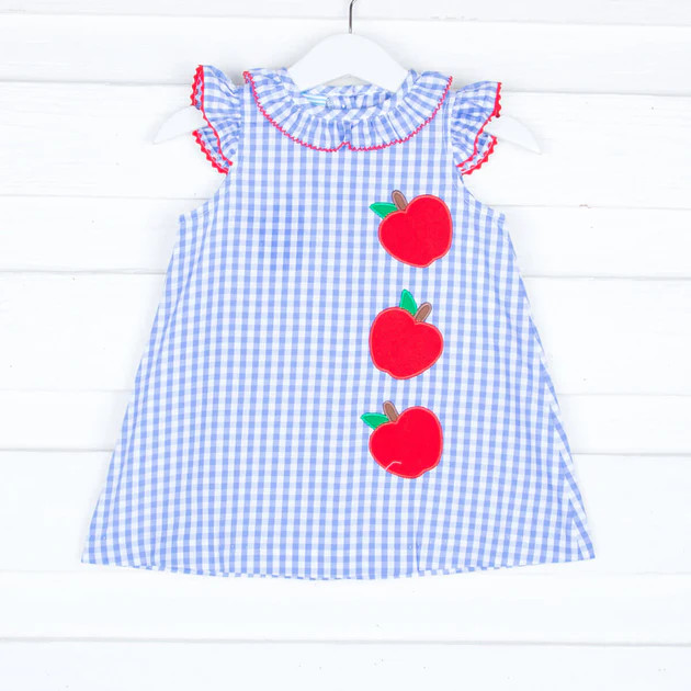 Tumbling Apples Applique Light Blue Gingham Ruffle Collar Angel Sleeve Dress | Classic Whimsy