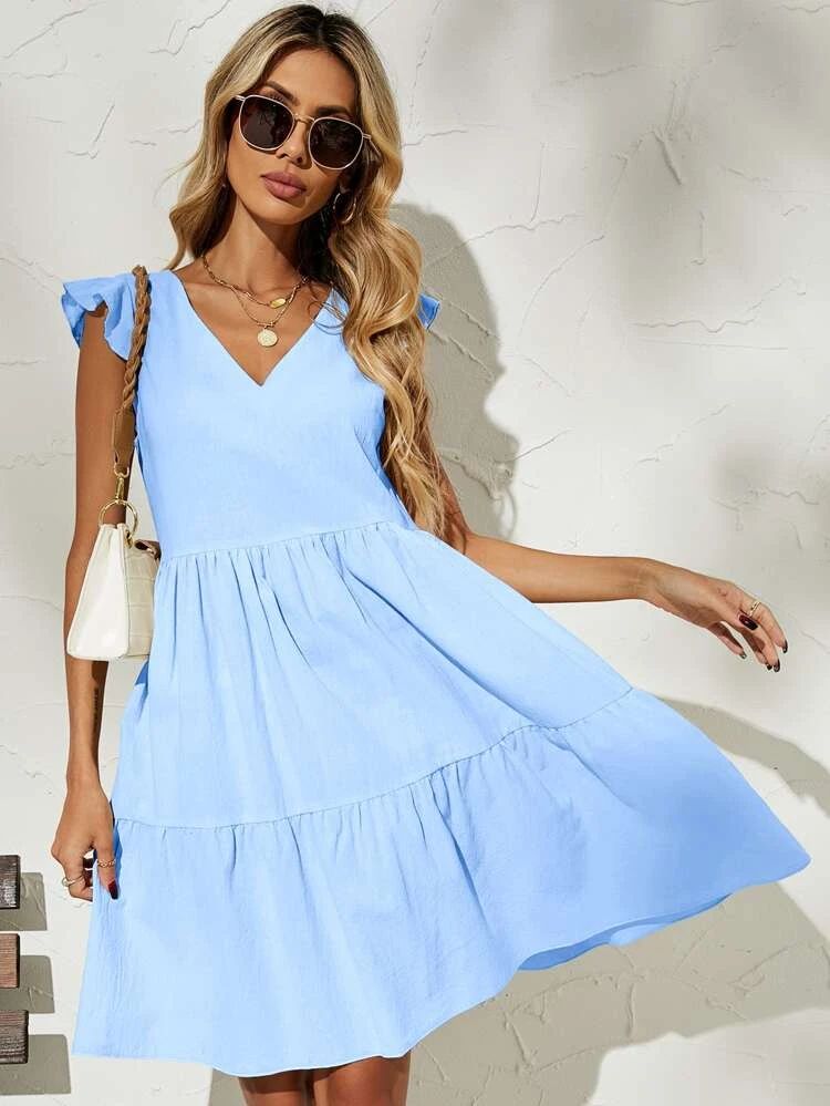 Butterfly Sleeve Solid Smock Dress | SHEIN