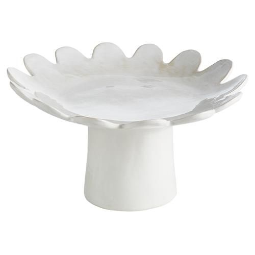 Hebe Modern Classic White Ceramic Scallop Edge Pedestal Serving Tray | Kathy Kuo Home