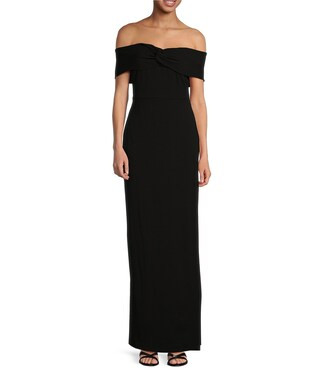 Olivia Satin Chiffon Off-the-Shoulder Side Slit Column Dress | Dillard's