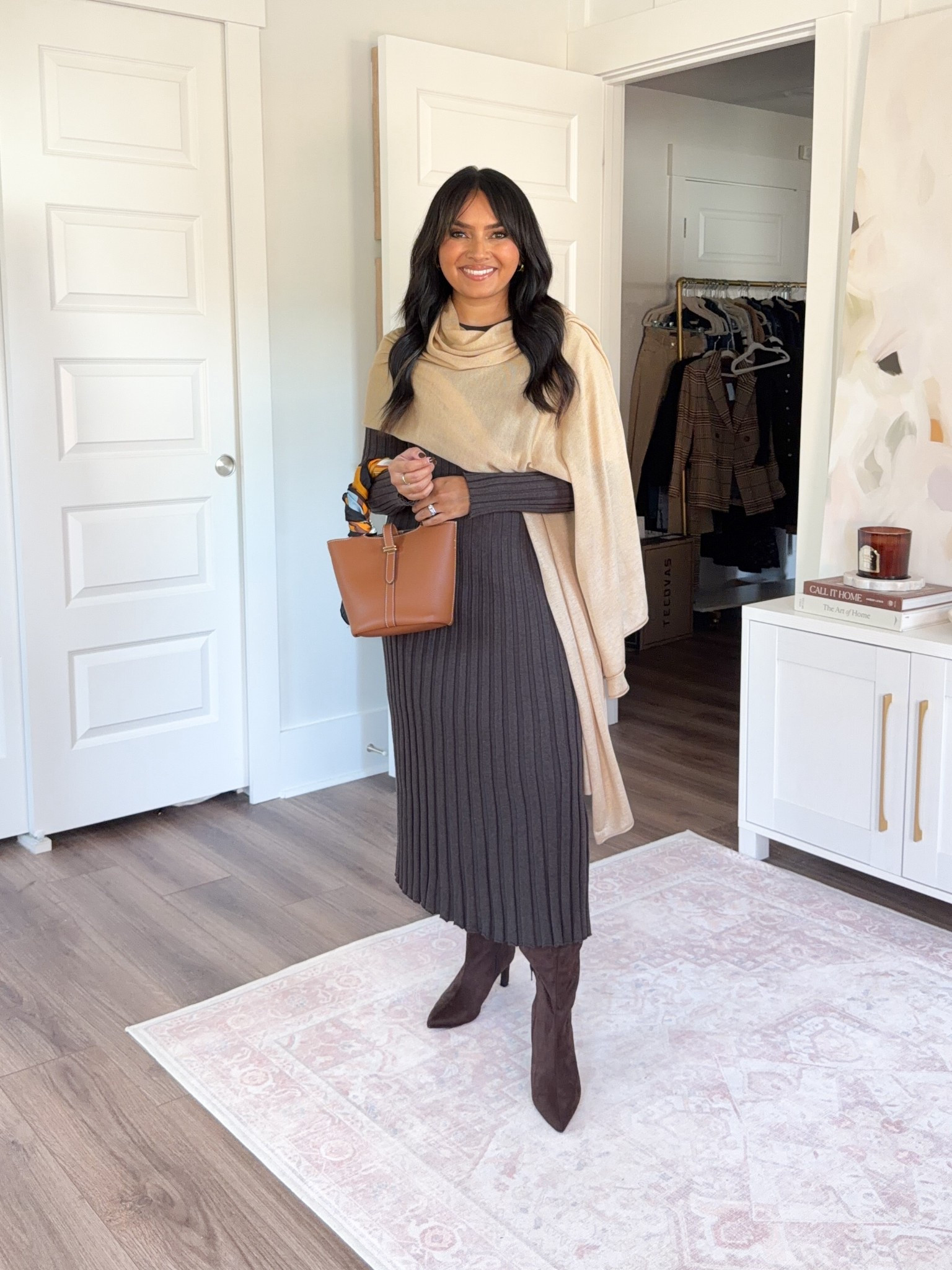 Brown mocha heather ribbed cashmere sweater dress size xs TTS
Wrap is one size 
Brown boots size 5.5 TTS


#LTKSaleAlert #LTKPetite #LTKStyleTip