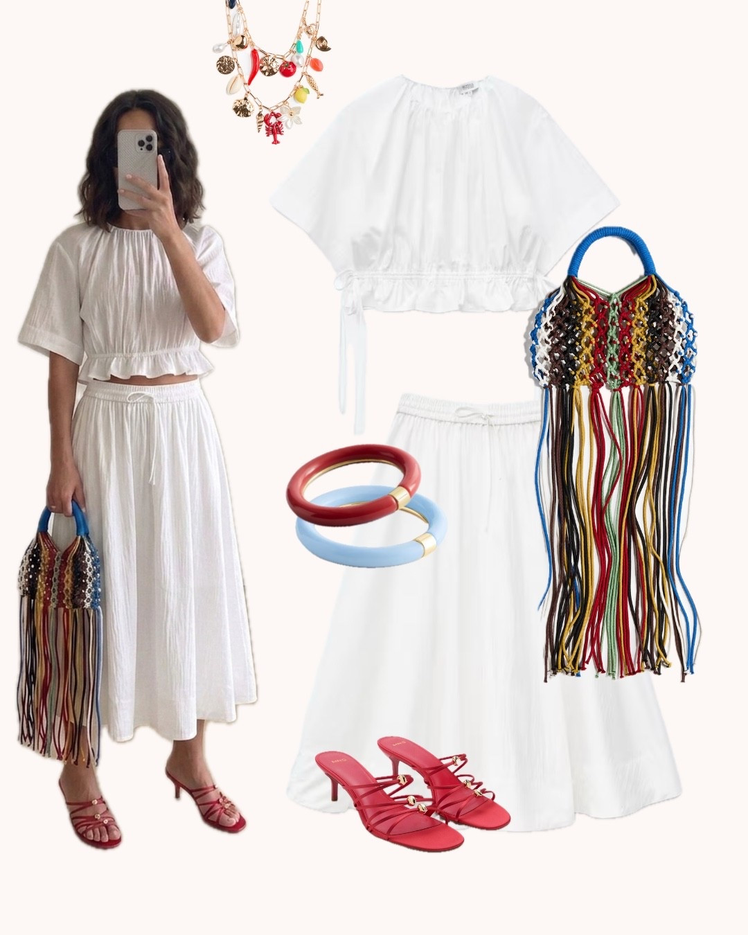 All white is never boring when the accessories tell the whole story. A charm necklace that rattles with little joys, a bag that looks like a fiesta, shoes the color of aperitivo hour — this is summer dressing as an art form. Somewhere between a market morning and a long lunch that stretches into evening 🪸 

 #LTKeurope #LTKtravel #LTKsummer