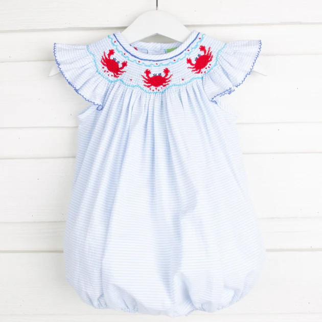 Crab Smocked Bubble Blue Windowpane Seersucker | Classic Whimsy