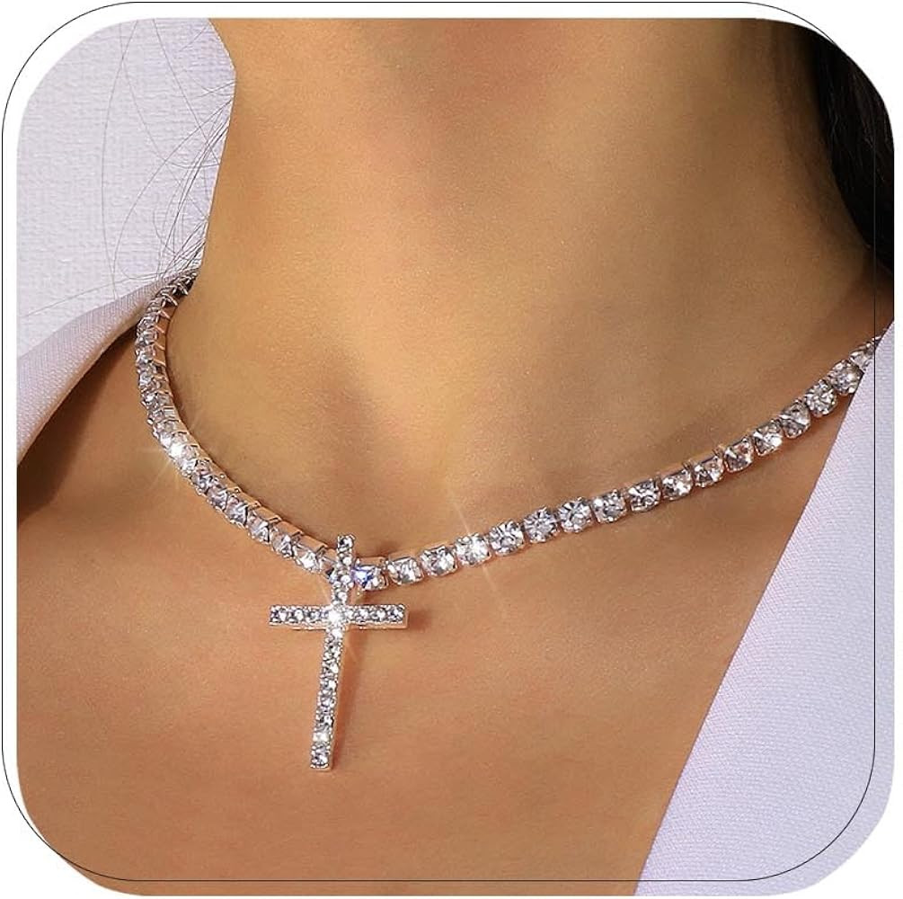 Dainty Long Rhinestone Cross Necklace Silver Faith Trendy Pendant Necklace for Women Fashion Jewe... | Amazon (US)