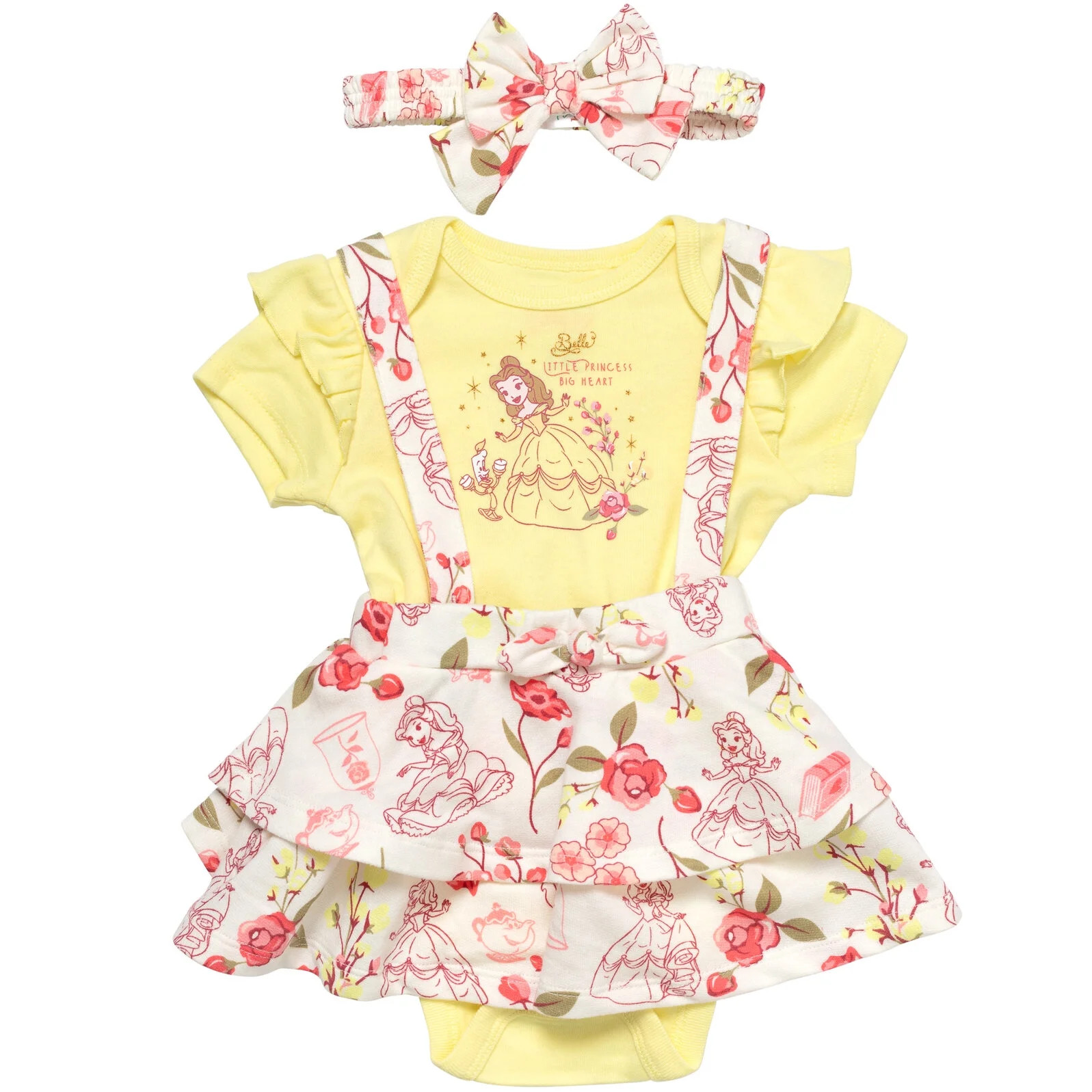 Disney Princess Belle Newborn Baby Girls Bodysuit French Terry Jumper and Headband 3 Piece Outfit... | Walmart (US)