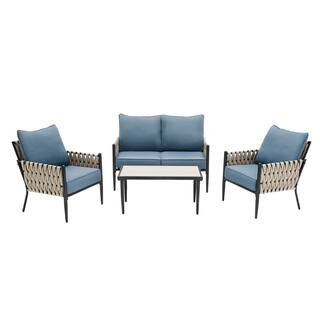 Hampton Bay Dockview 4-Piece Metal Outdoor Patio Conversation Set with Blue Cushions-505.0560.000... | The Home Depot