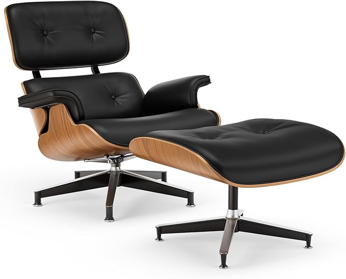 Top Black PU Leather, Mid Century Chaise Lounge Chair and Ottoman, Modern Chair Classic Design, W... | Amazon (US)