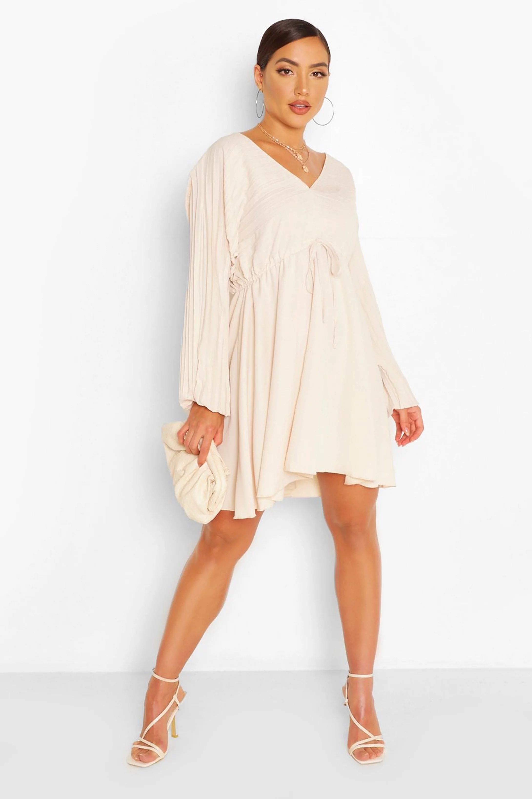 Batwing Pleated Plunge Skater Dress | Boohoo.com (US & CA)