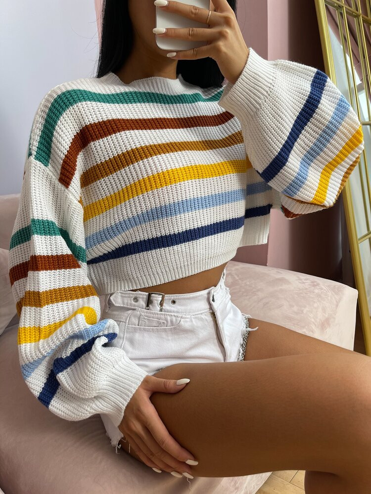 Stripe Pattern Lantern Sleeve Sweater | SHEIN
