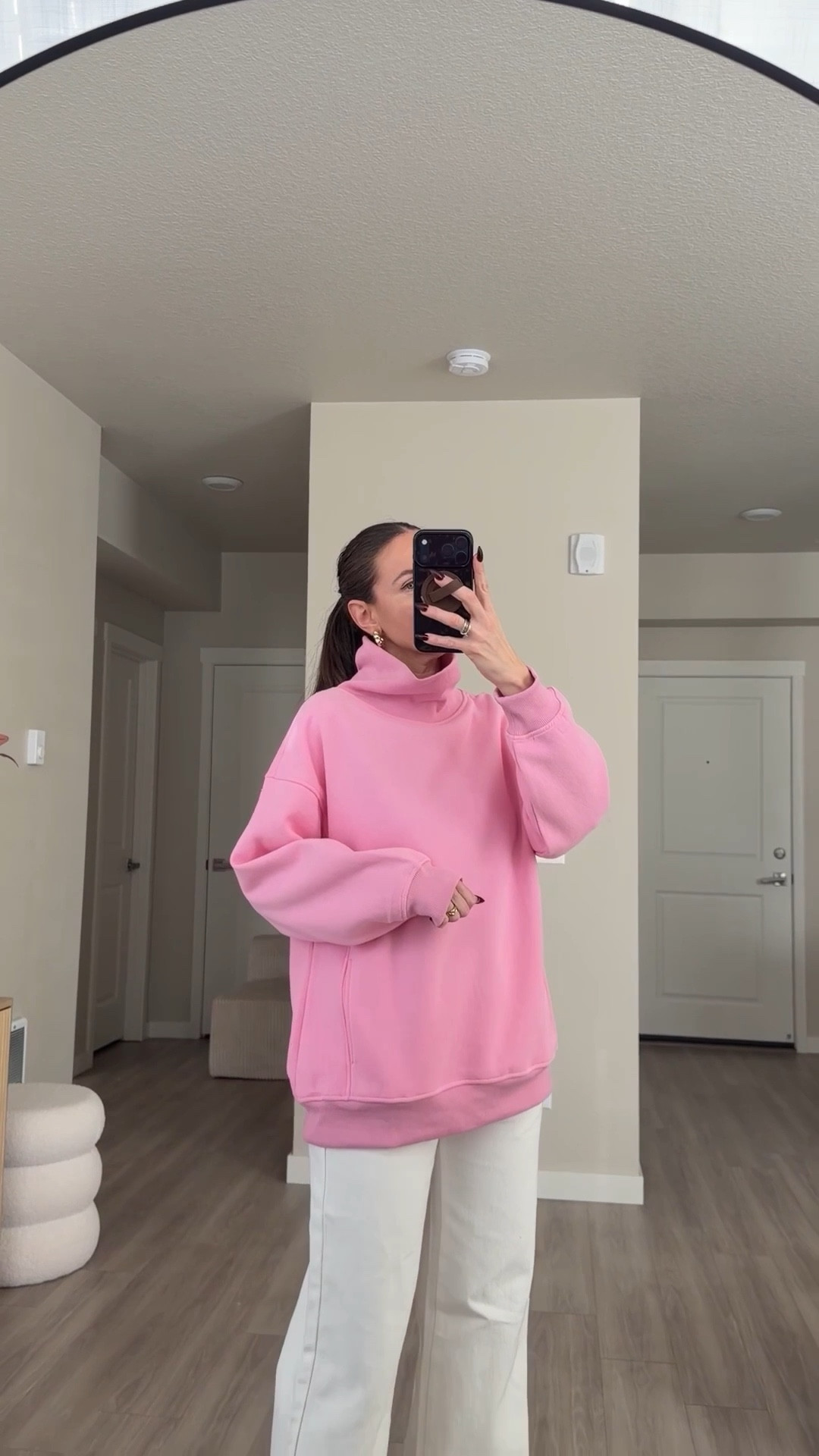 funnel neck sweater.  i'm 5'7 and wearing medium 

got it in four colors to try on .  many more colors available #funnelnecksweater #mocksweater #oversizedsweater