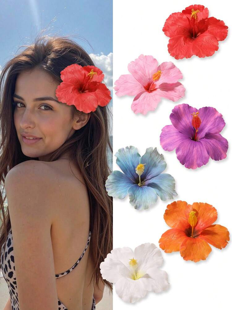 1pc/6pcs Bohemian Style Fabric Crinkled Faux Hibiscus Flower Hair Clips, Sweet & Cute Girls Side Hair Clips, Fresh Countryside Style Suitable For Daily Life, Summer Beach Vacation, Outing Decor Accessory ,Summer Accessories, Claw Clips, Hair Slide, Hair Claws | SHEIN
