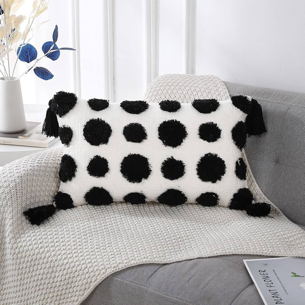 PANOD Super Soft Farmhouse Decorative Plush Throw Pillow Covers 12 x 20 Black,Solid Pom pom Tufte... | Amazon (US)