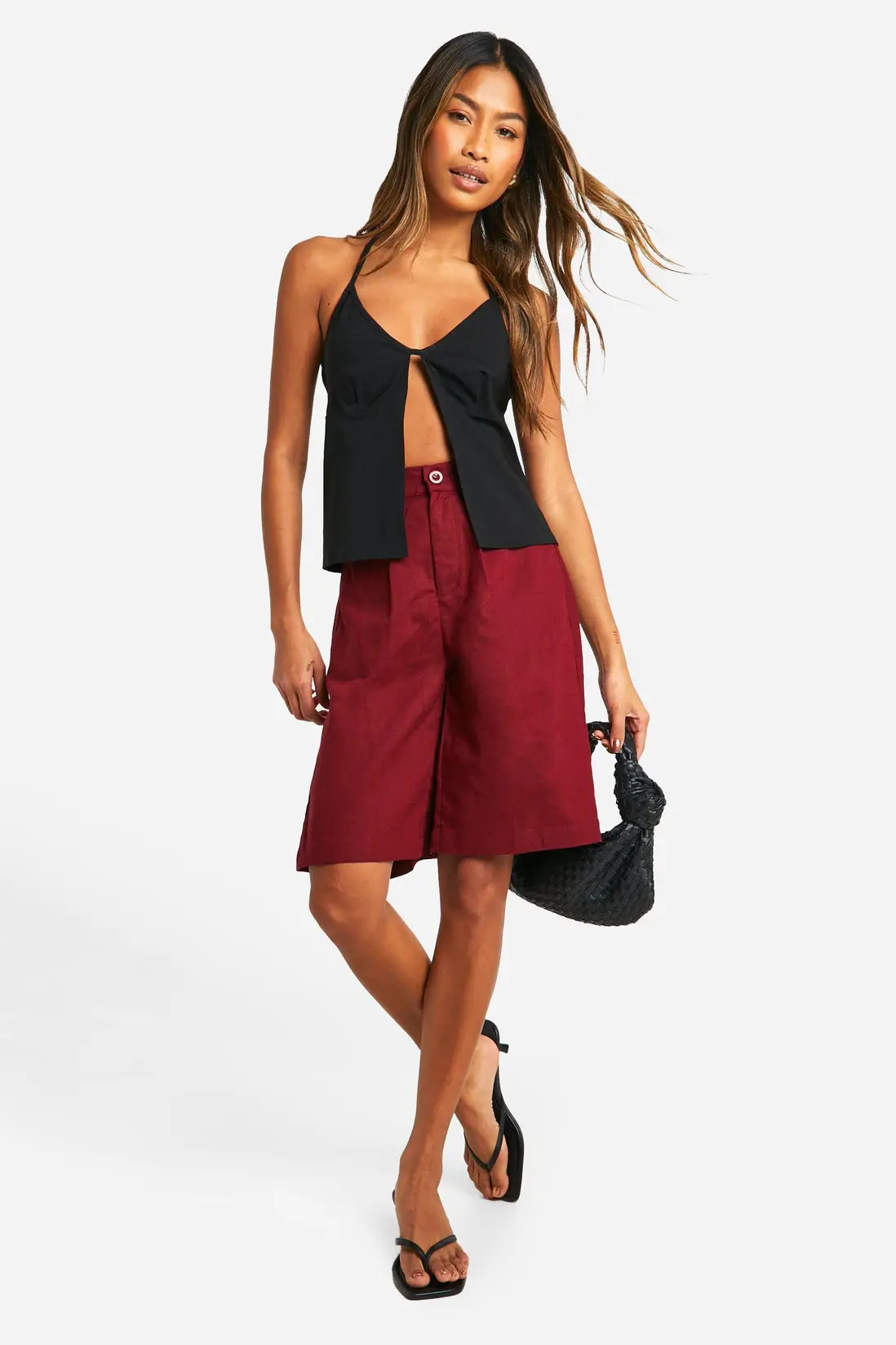 Berry Tailored Linen Look Midi Shorts | Boohoo USA | boohoo (US & Canada)