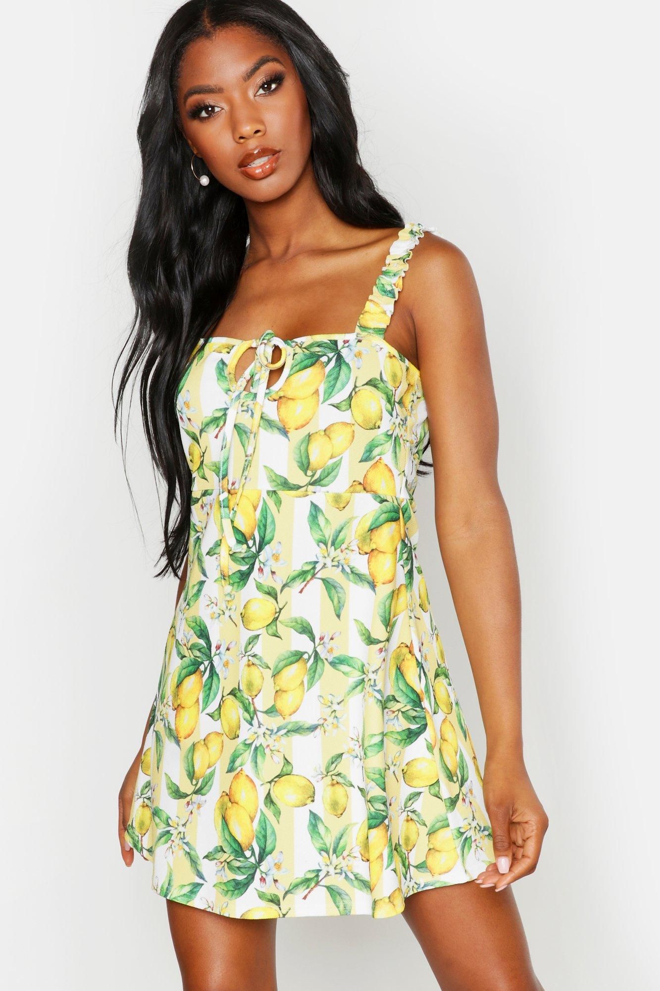 Lemon Stripe Ruffle Strap Tie Detail Mini Dress | Boohoo.com (UK & IE)