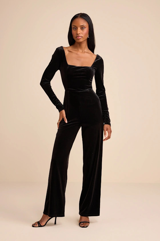 Asalia Black Velvet Lace-Up Long Sleeve Straight-Leg Jumpsuit | Lulus
