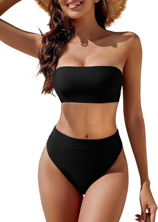 YACUN Women's High Waisted Bikini Swimsuit Two Piece Strapless Bandeau Cheeky Bathing Suits | Amazon (US)