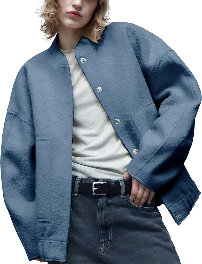 Yeokou Womens Wool Blend Bomber Jacket Fleece Outerwear Casual Oversized Button Down Coat with Po... | Amazon (US)