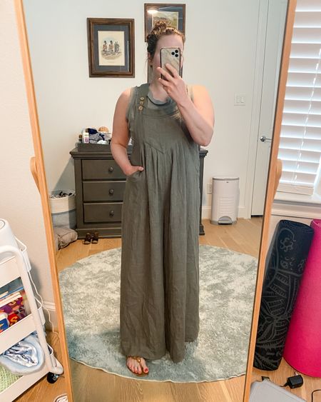 Spring outfit / summer fashion / olive green flowy overalls / gray fitted tank top / tan sandals / casual outfit / petite outfits / mom outfit

#LTKover40 #LTKfindsunder100 #LTKSeasonal