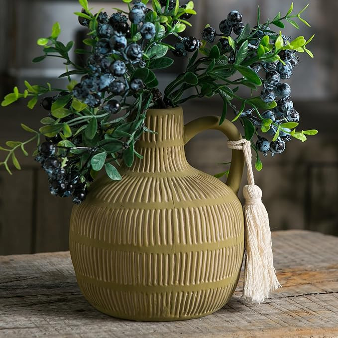 Farmhouse Vase with Handle and Tassel, Grey Yellow Vertical Stripes Design Clay Vase 10'' Tall - ... | Amazon (US)